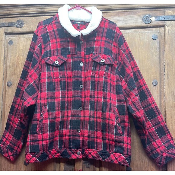 TORRID red & black thick warm plaid sherpa trimmed  Y2K Trucker Jacket Sz 5 - Picture 1 of 8